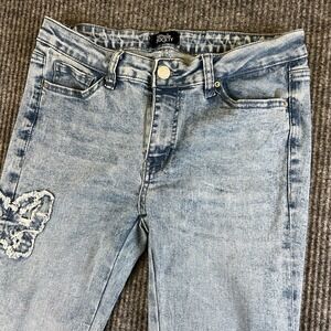 Simple Society Women's Flare Jeans 7/28‎ Light Wash Distressed Butterfly Raw Hem